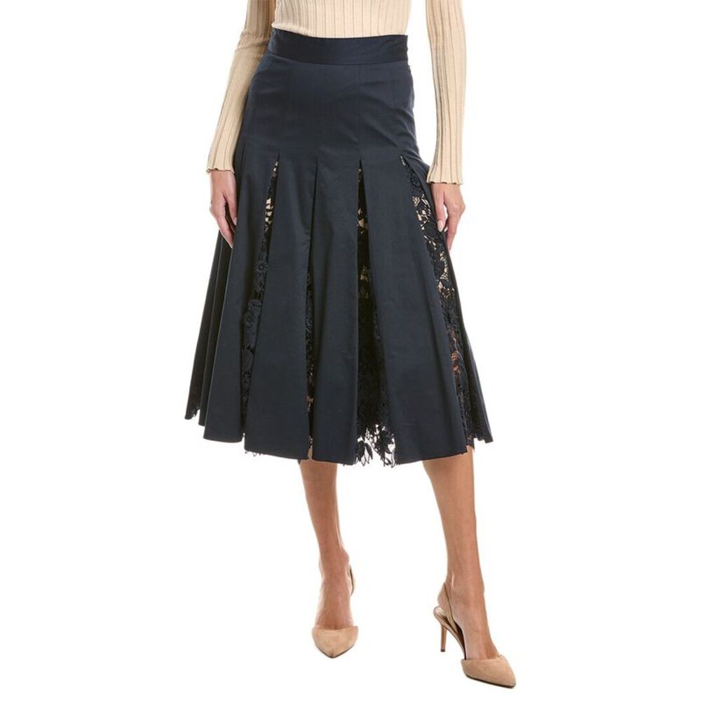 Oscar De La Renta Womens Water Lily Guipure Inset Silk-Lined A-Line Skirt, Blue